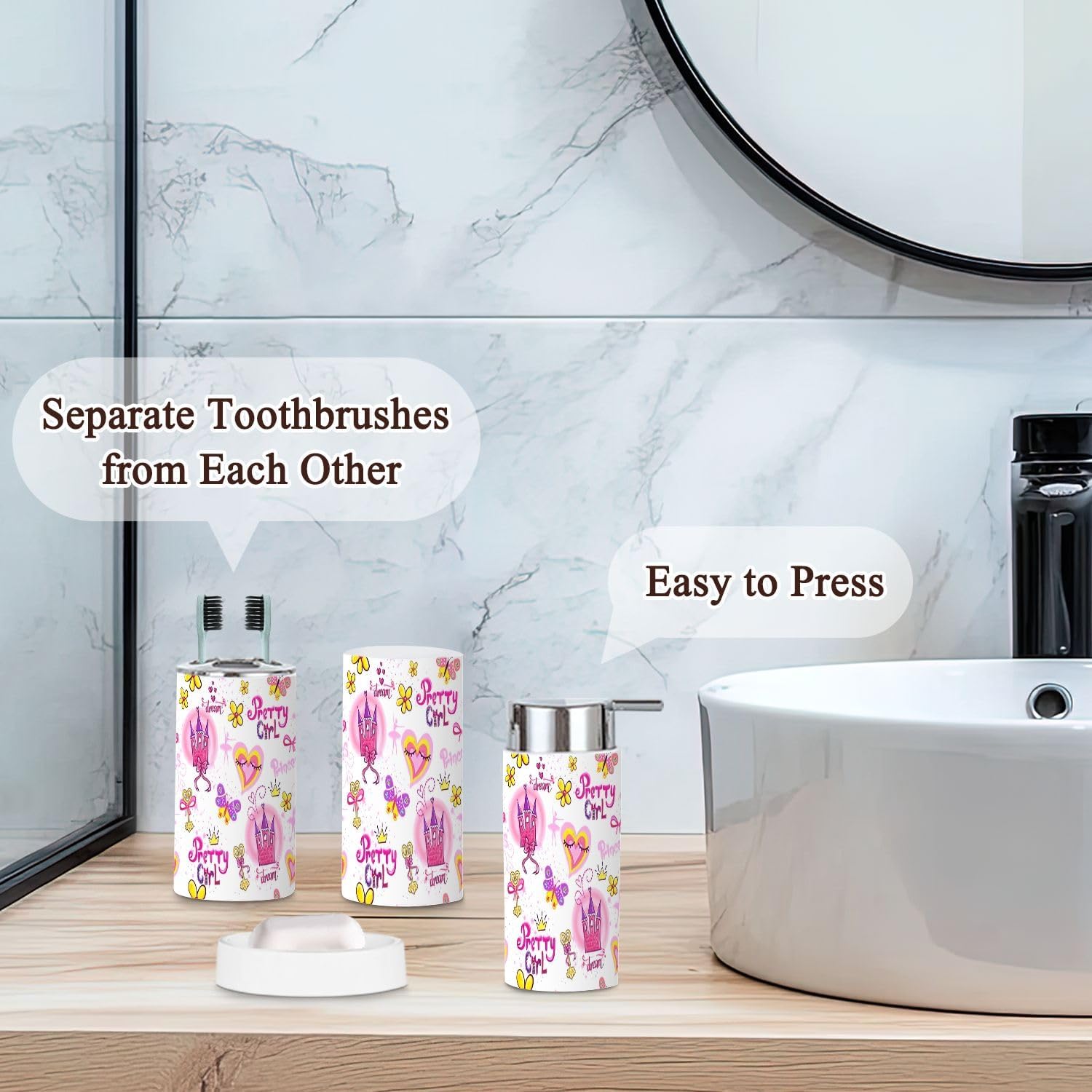 Bathroom Accessories 6 Pcs Set Childish Cartoon Repeated Design