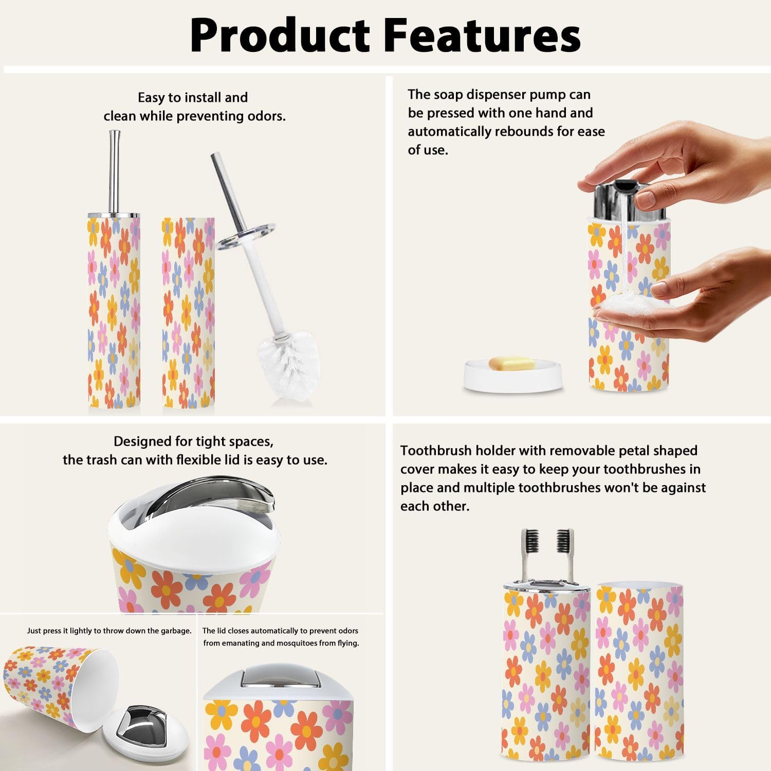 Boho Floral Bathroom Accessory Set 6 Piece