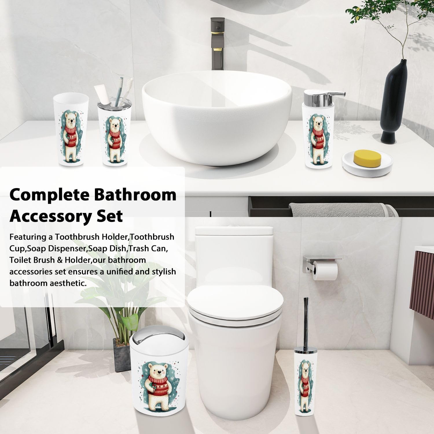 Stylish Eco-Friendly Bathroom Set Bear and Christmas Motif