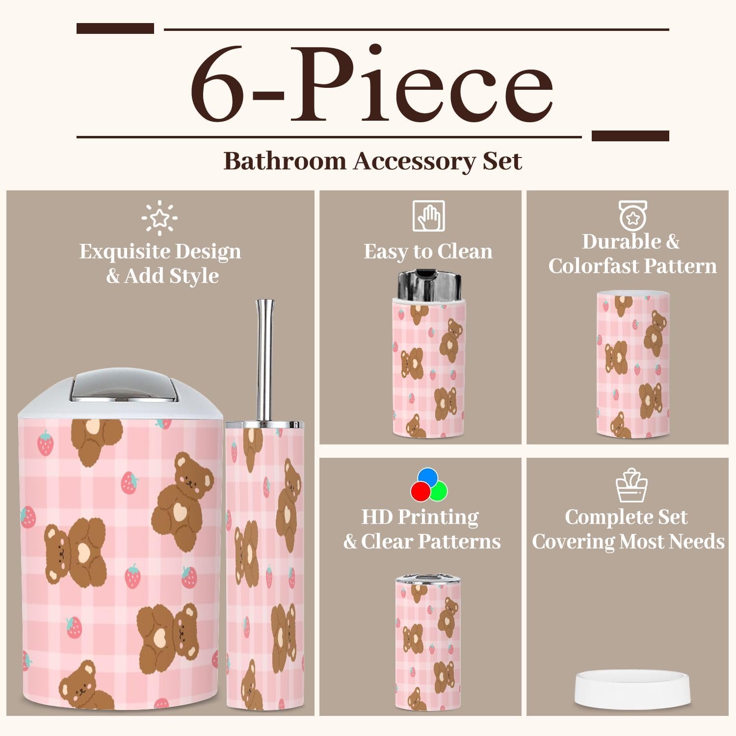 6-Piece Kawaii Bathroom Set Pink
