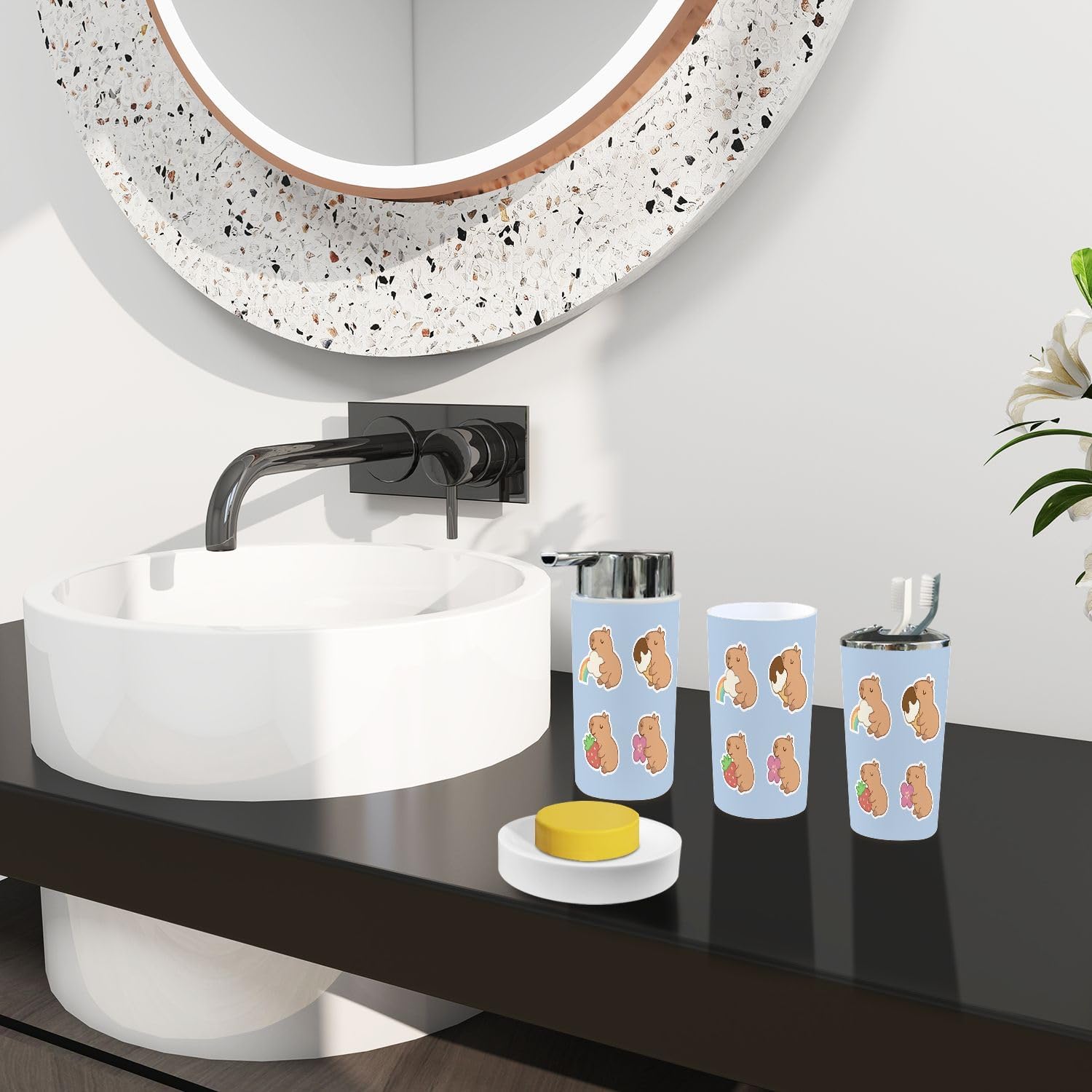 Bathroom Accessory Set Boho Style 6 Piece White Animal Character Organizing Set