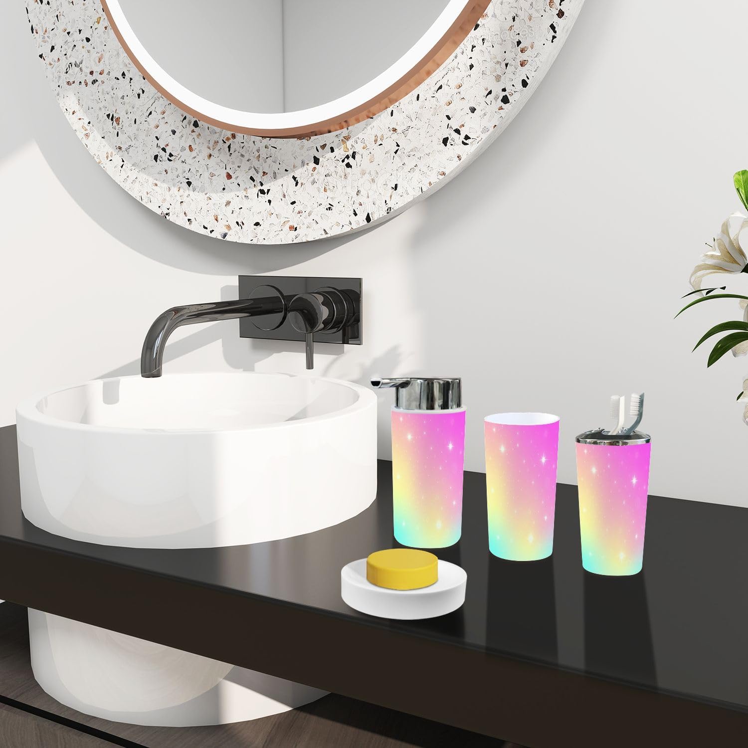 Bathroom Accessory Set Boho Pink Mesh Design