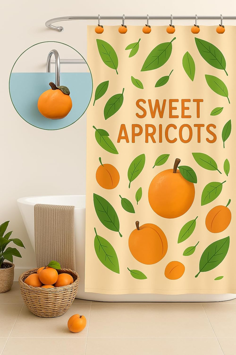 Fruity Flush - Set of 12 Apricot Shower Curtain Hooks Rust-Resistant Kid-Friendly