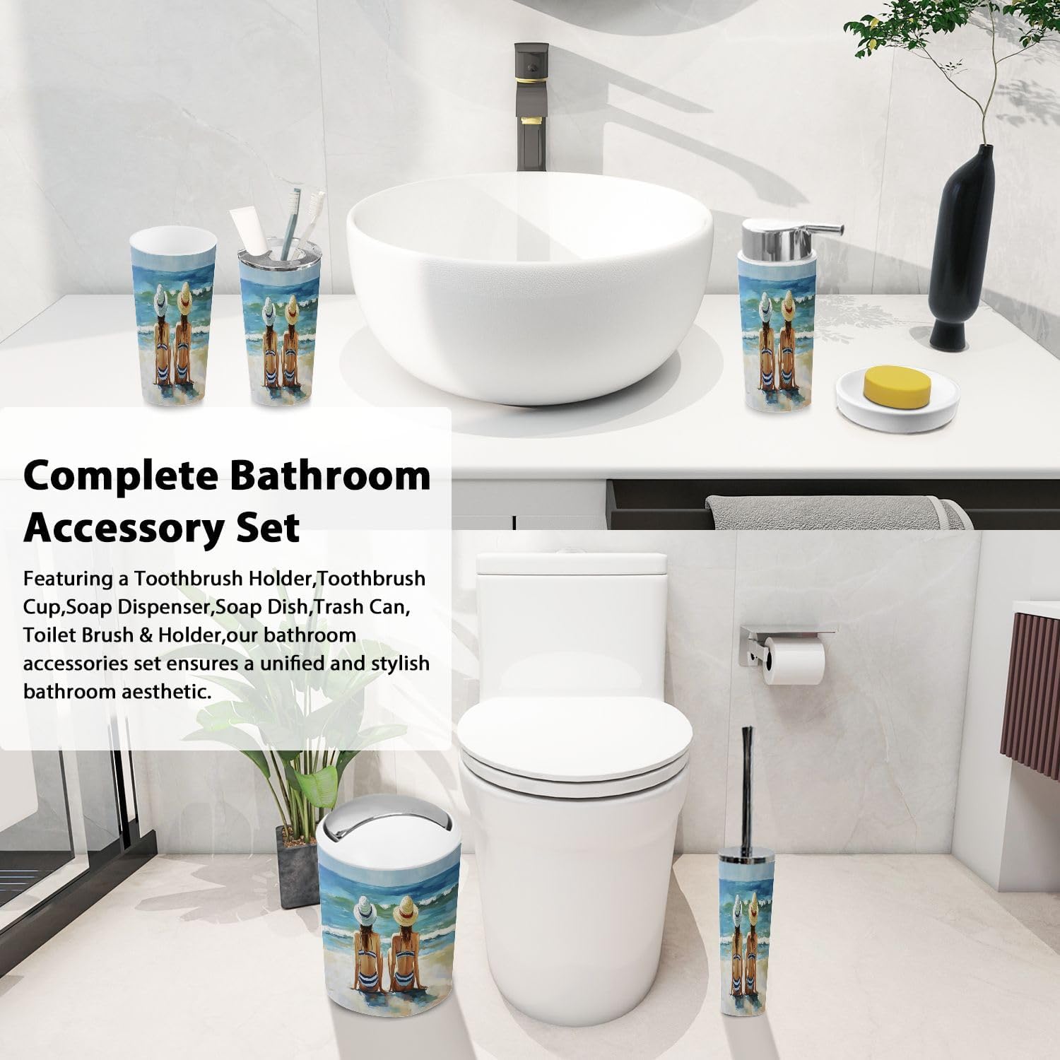 Boho Beach Decor Bathroom Accessory Set 6 Piece