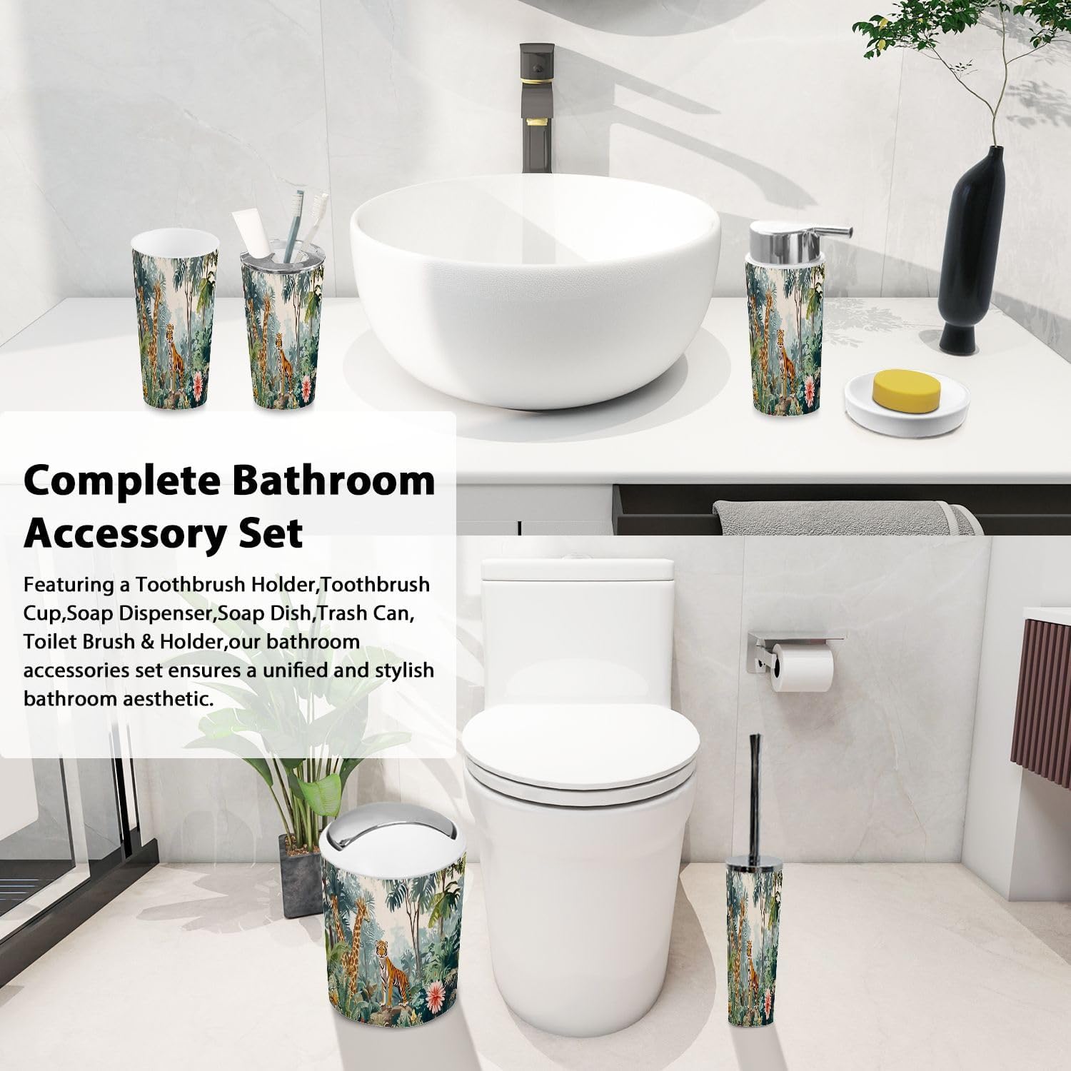 6-Piece Bohemian Jungle Bathroom Accessory Set for Kids and Adults
