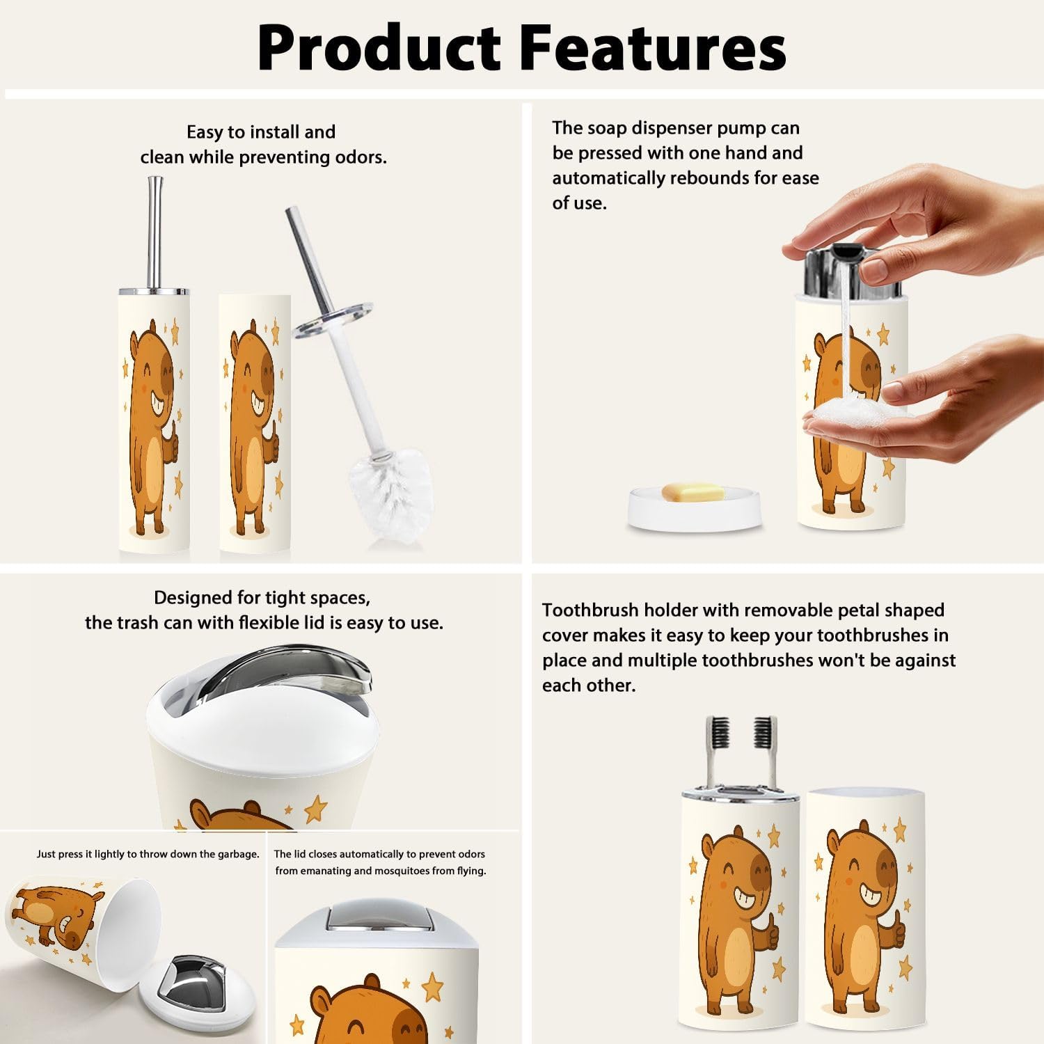 6-Piece Boho-Capybara Bathroom Accessory Set for Home Kitchen