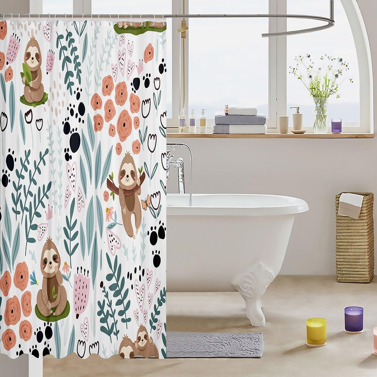 Erosebird Kawaii Sloth Shower Curtain Set for Children