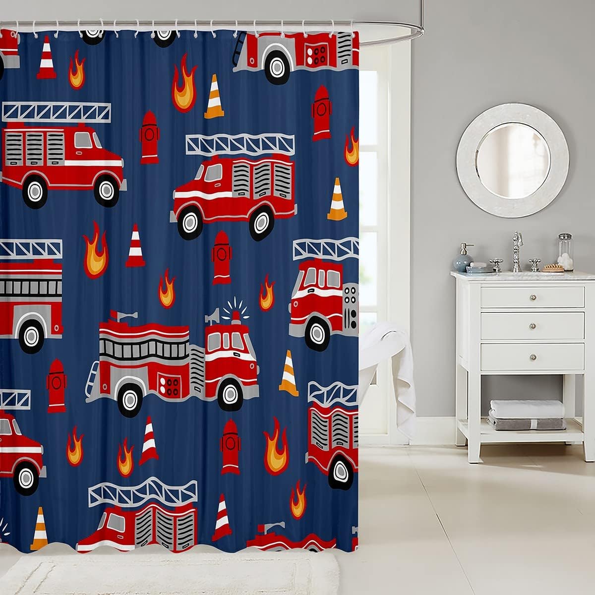 Safe Fun Cartoon Fire Truck Bath Curtain for Kids