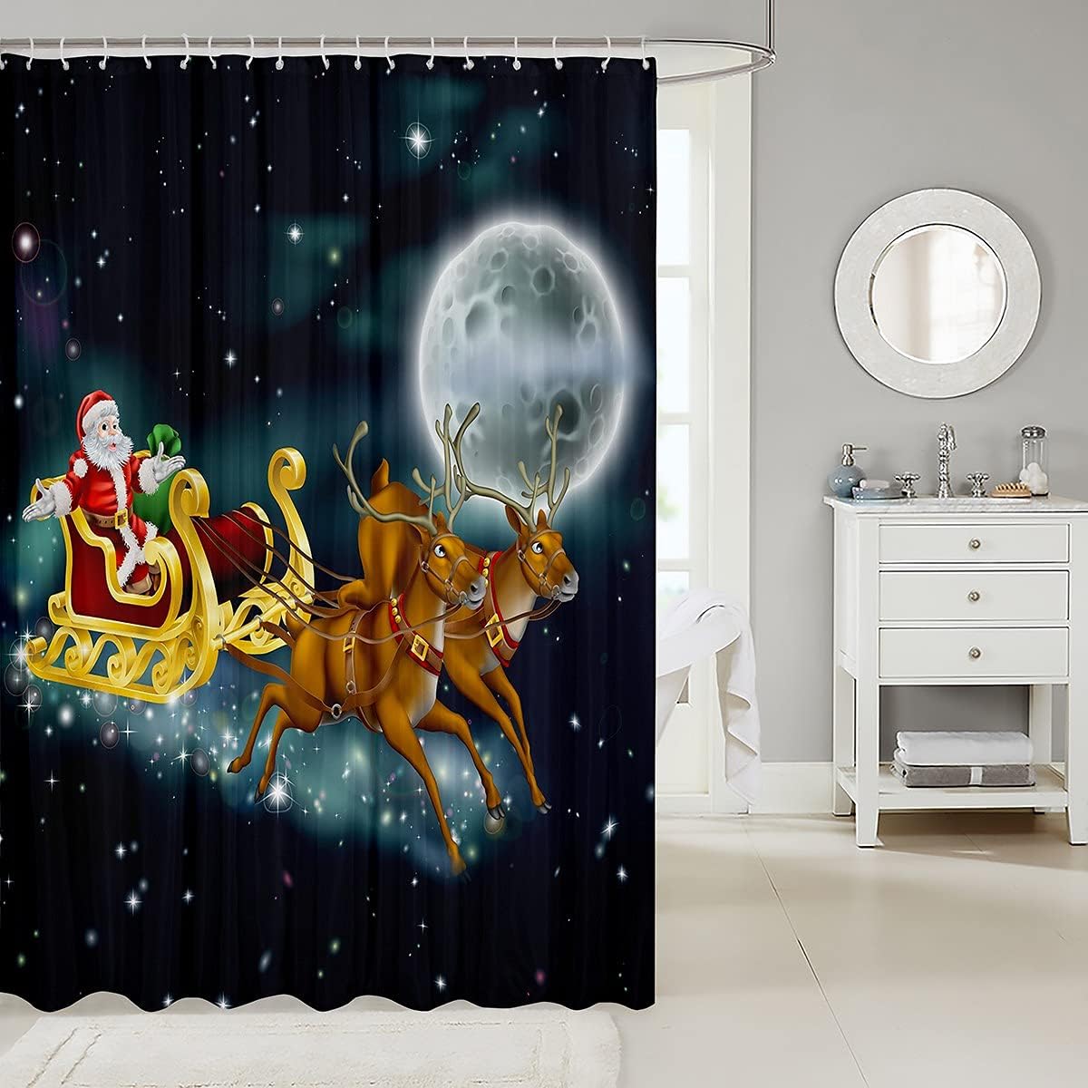 Erosebird Christmas Bath Curtain Santa Claus Design Galaxy Starry Sky Glitter