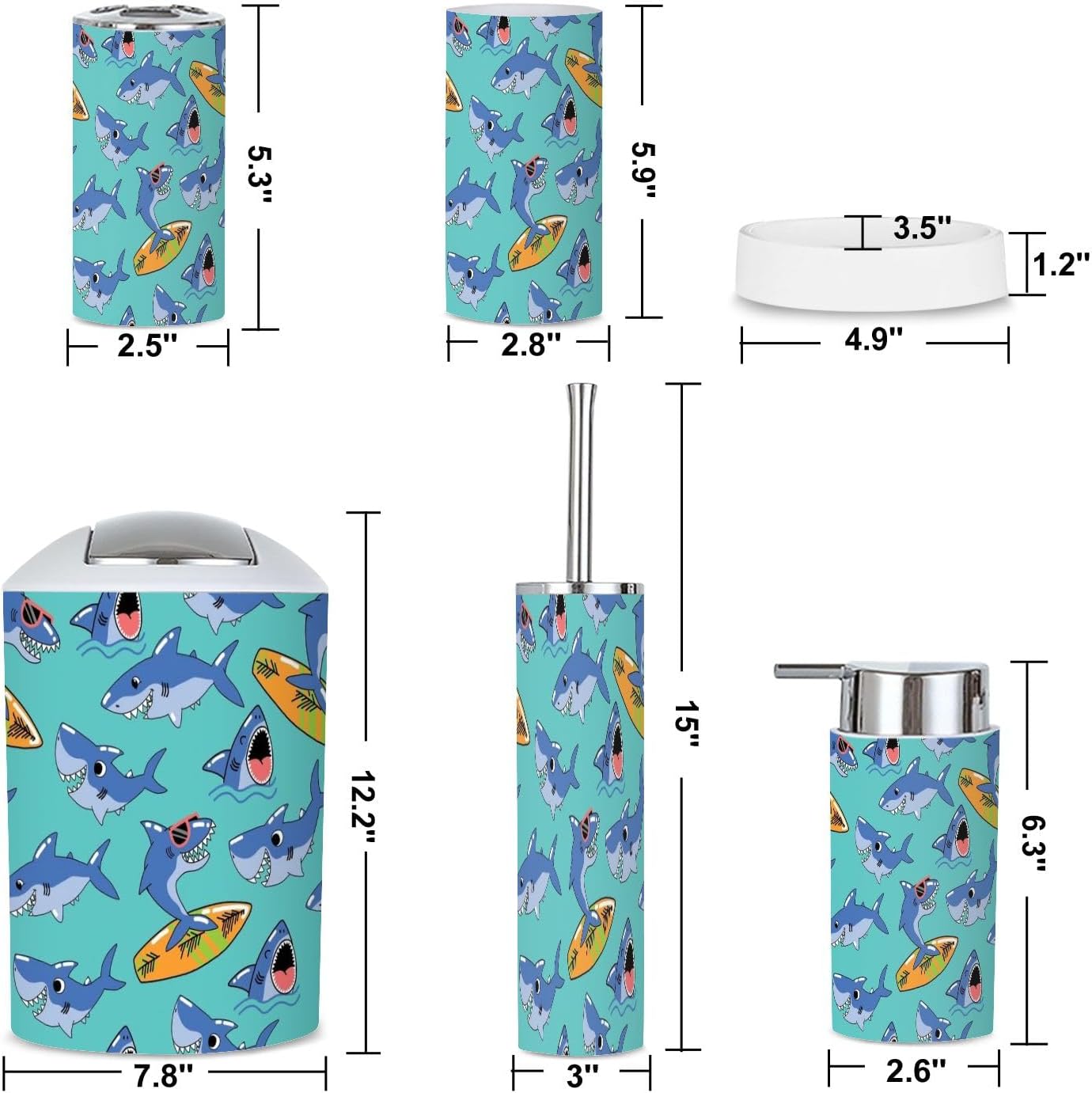 6 Piece Boho Bathroom Accessories Set with Shark Design