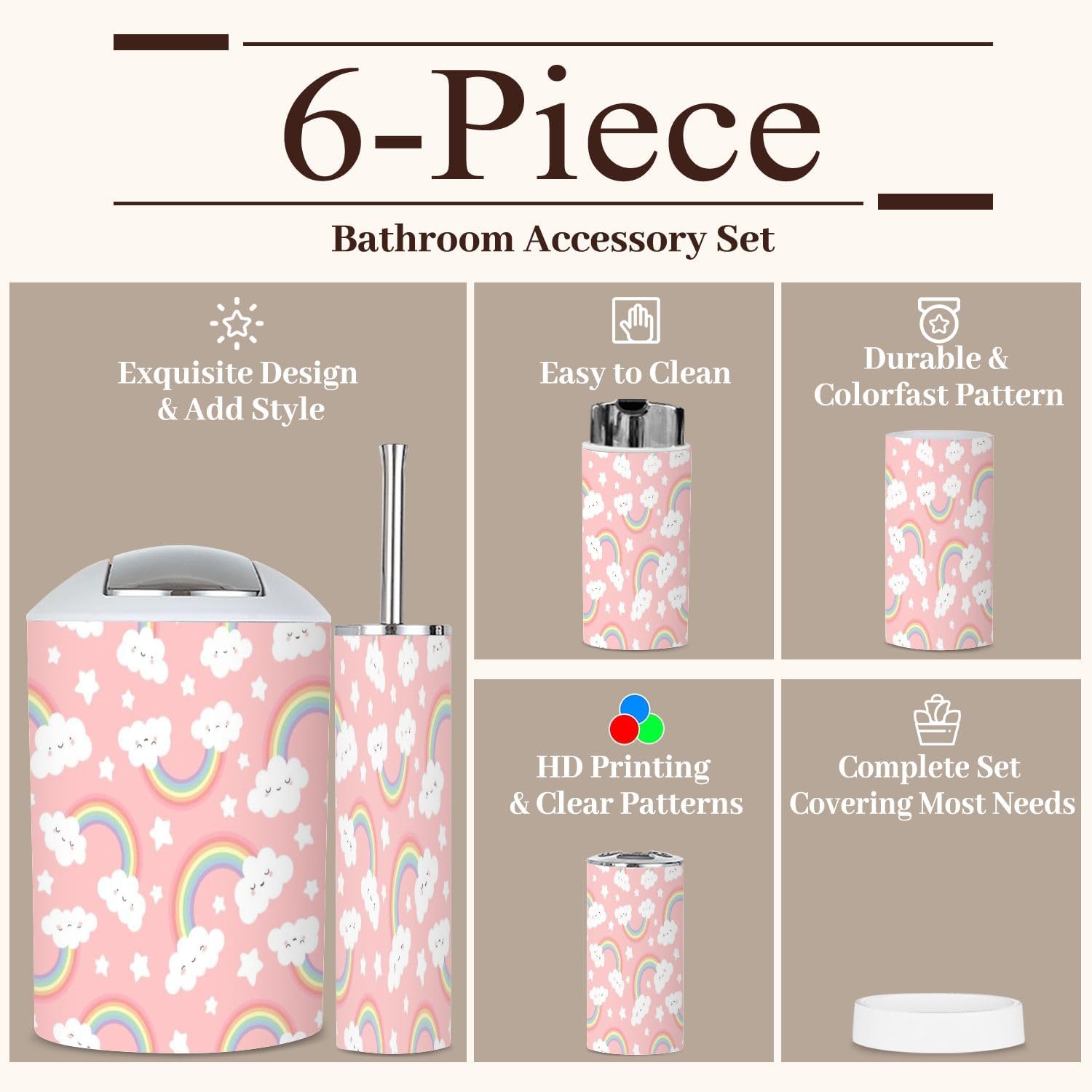 6-Piece Bathroom Set Cloud Rainbow Cartoon Pink Sky for Kids
