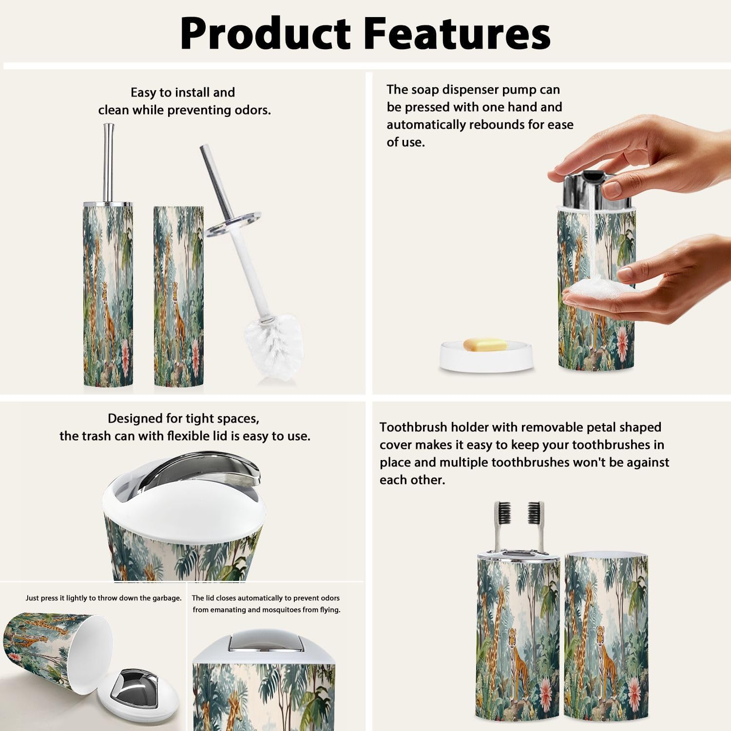 6-Piece Bohemian Jungle Bathroom Accessory Set for Kids and Adults