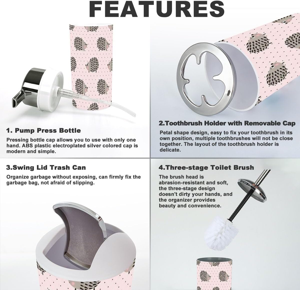 6-Piece Bathroom Accessories Set Hedgehog Design Pinkessential