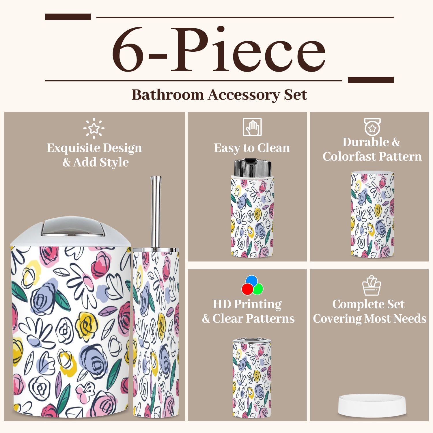 6 Piece Bathroom Accessories Set - Boho Style