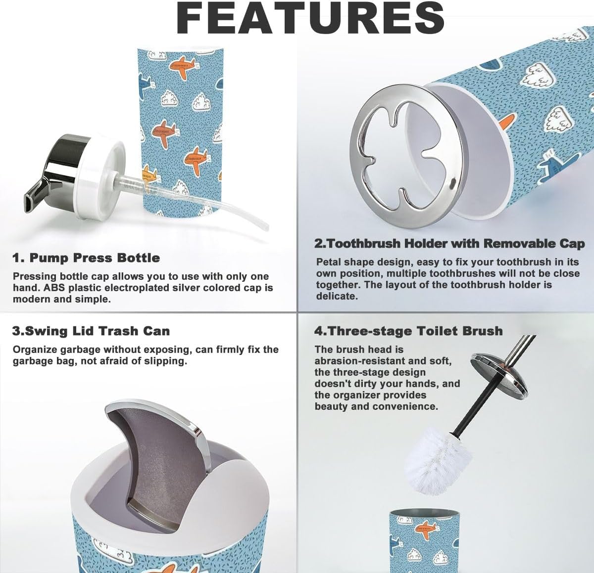 6-Piece Retro Airplane Clouds Bathroom Accessory Set for Kids