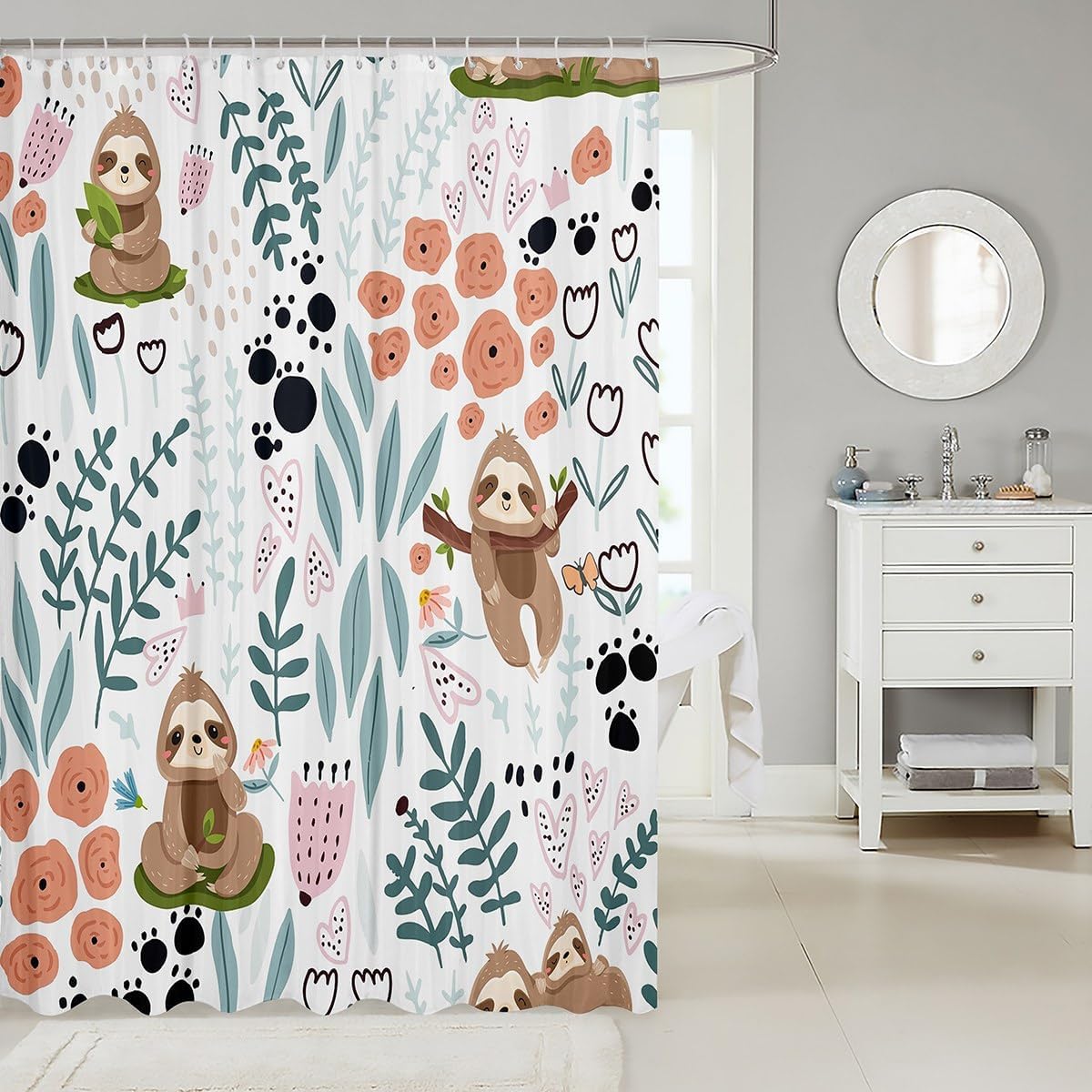 Erosebird Kawaii Sloth Shower Curtain Set for Children
