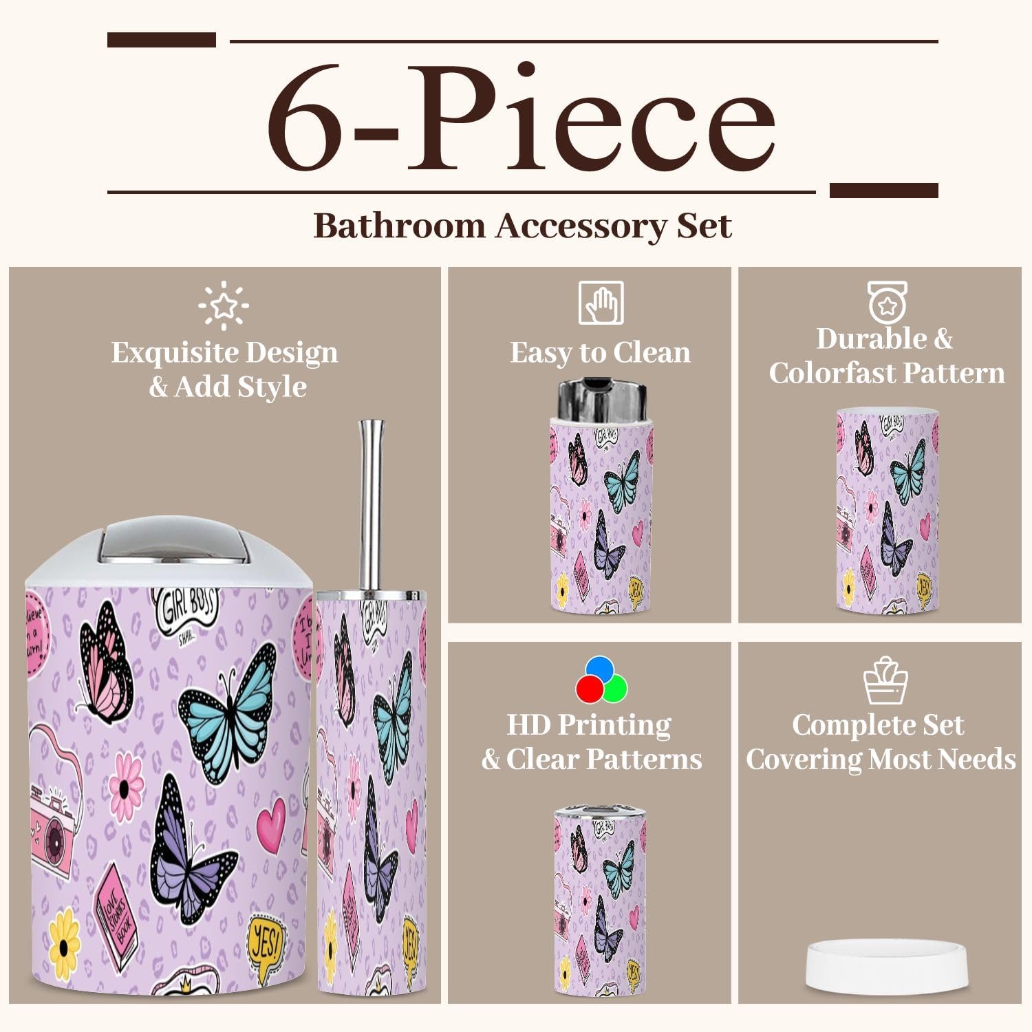 6 Piece Cute Butterfly Bathroom Accessories Set