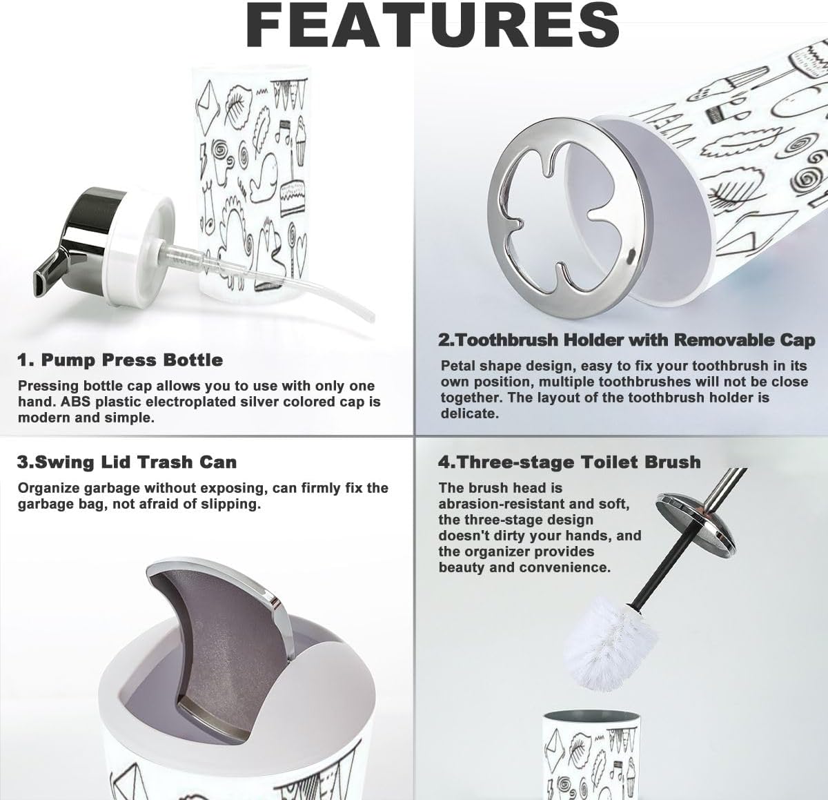 Stylish 6-Piece White Hand Drawn Kids Doodle Bathroom Accessory Set