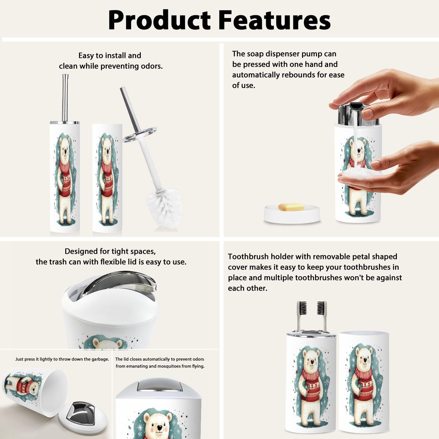 Stylish Eco-Friendly Bathroom Set Bear and Christmas Motif