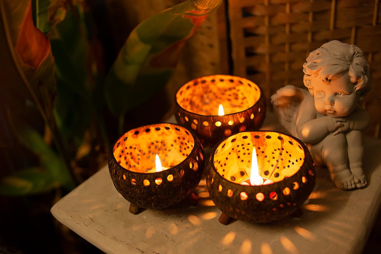 Set of 3 Coconut Shell Candle Holders with Tealight Candles