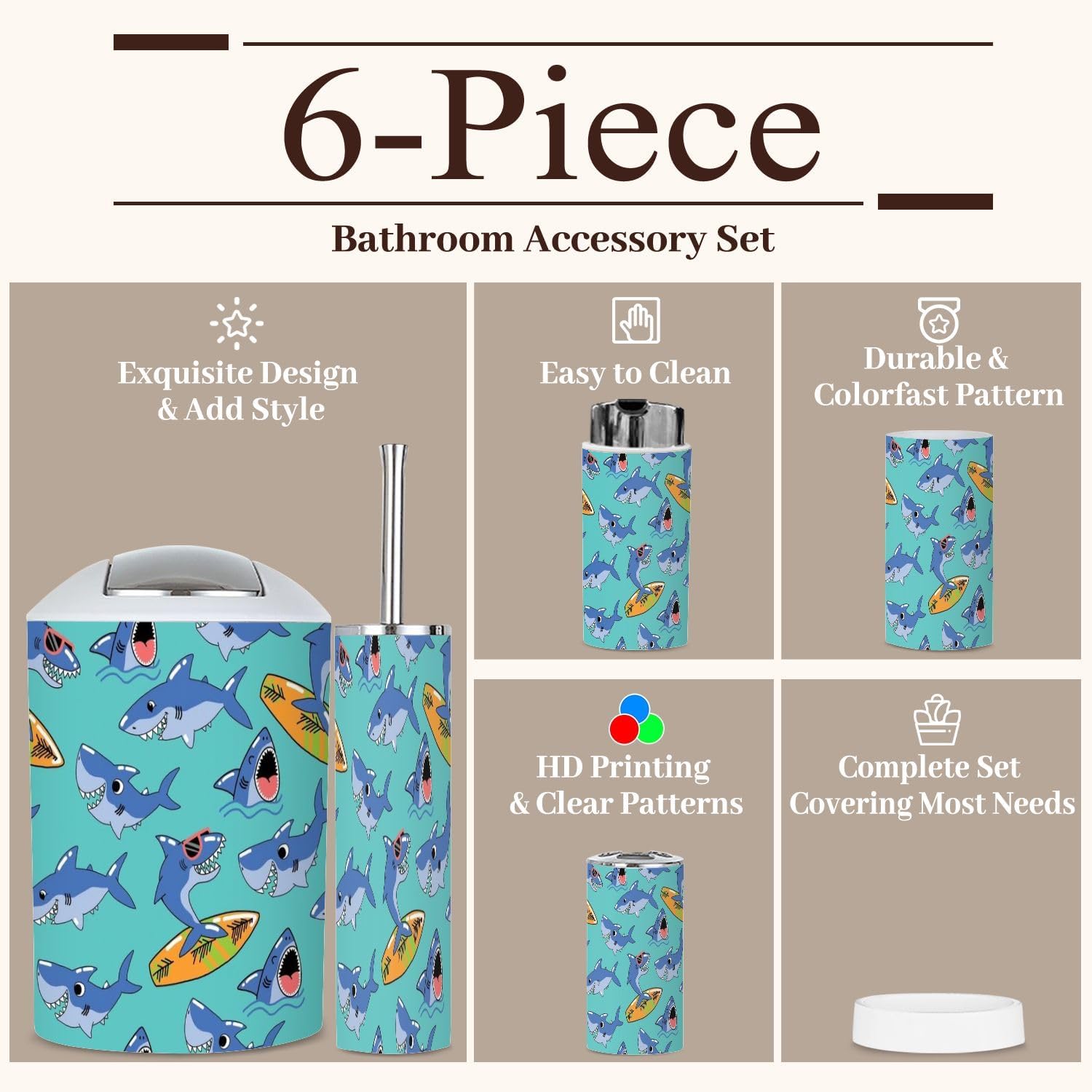 6 Piece Boho Bathroom Accessories Set with Shark Design