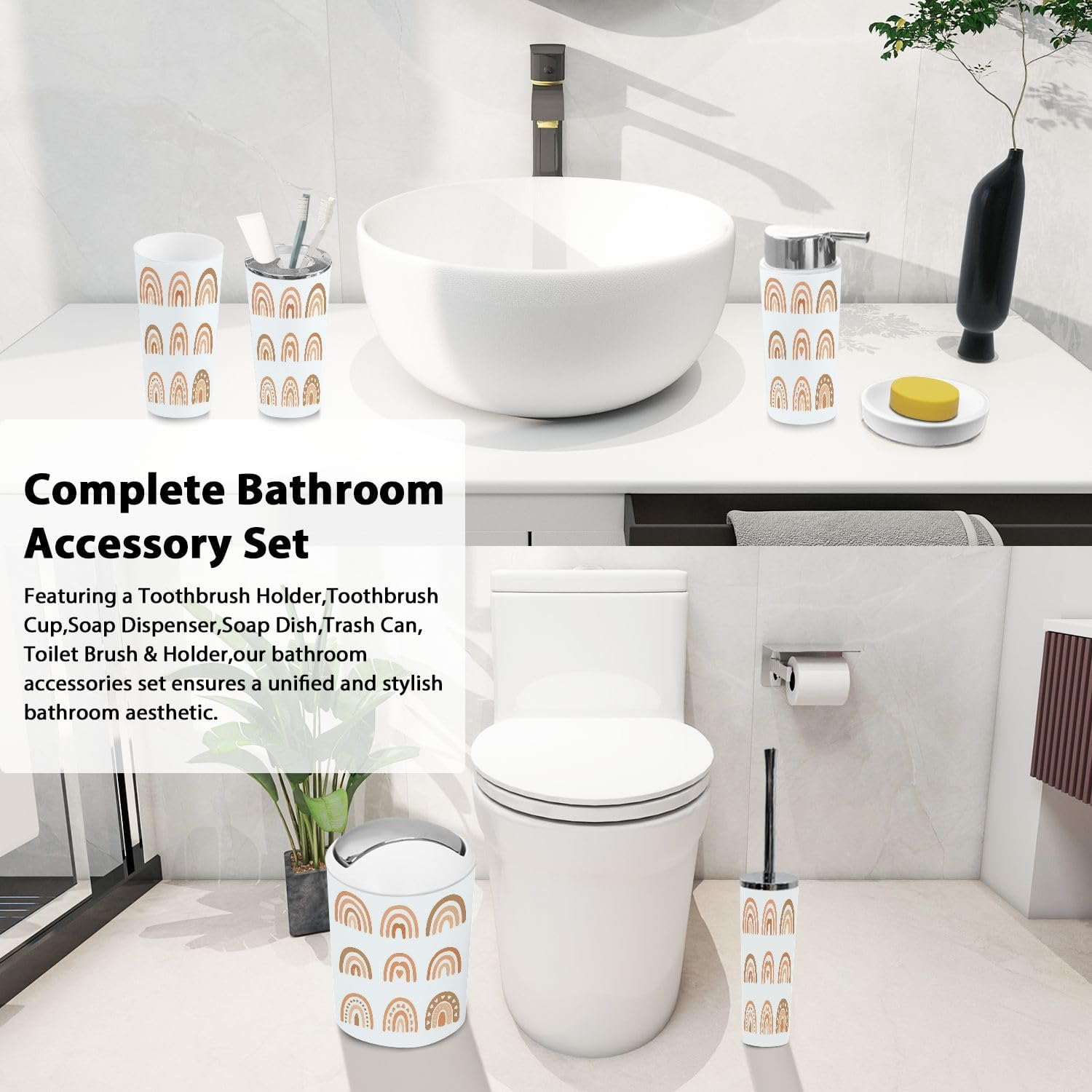 Bathroom Accessory Set 6-Piece Boho Style with Rainbow