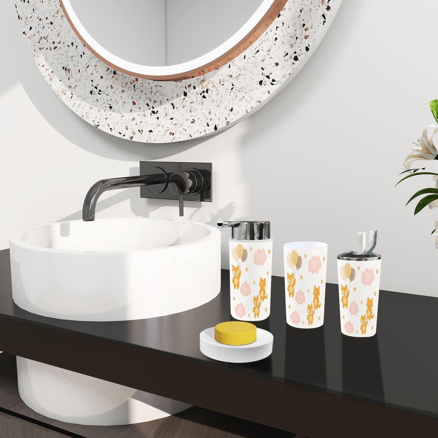 Stylish 6-Piece Bathroom Organizing Set with Cute Fox Print