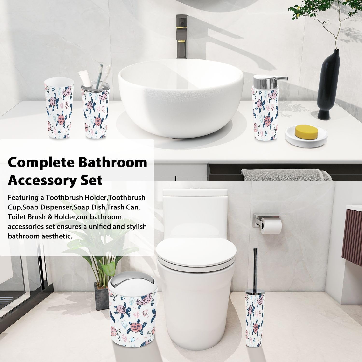 Bathroom Accessory Set 6 Piece Boho Seamless Pattern for Kids