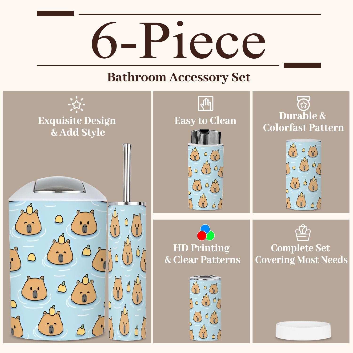 6 Piece Bathroom Accessories Set - Cute and Functional Trading