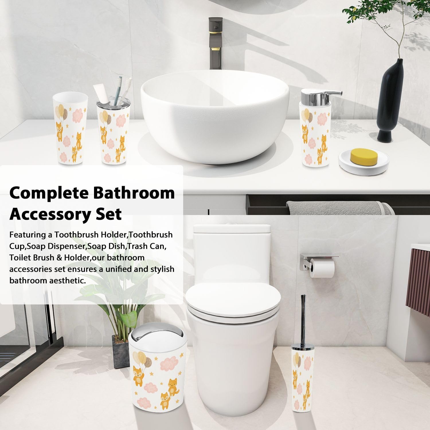 Stylish 6-Piece Bathroom Organizing Set with Cute Fox Print
