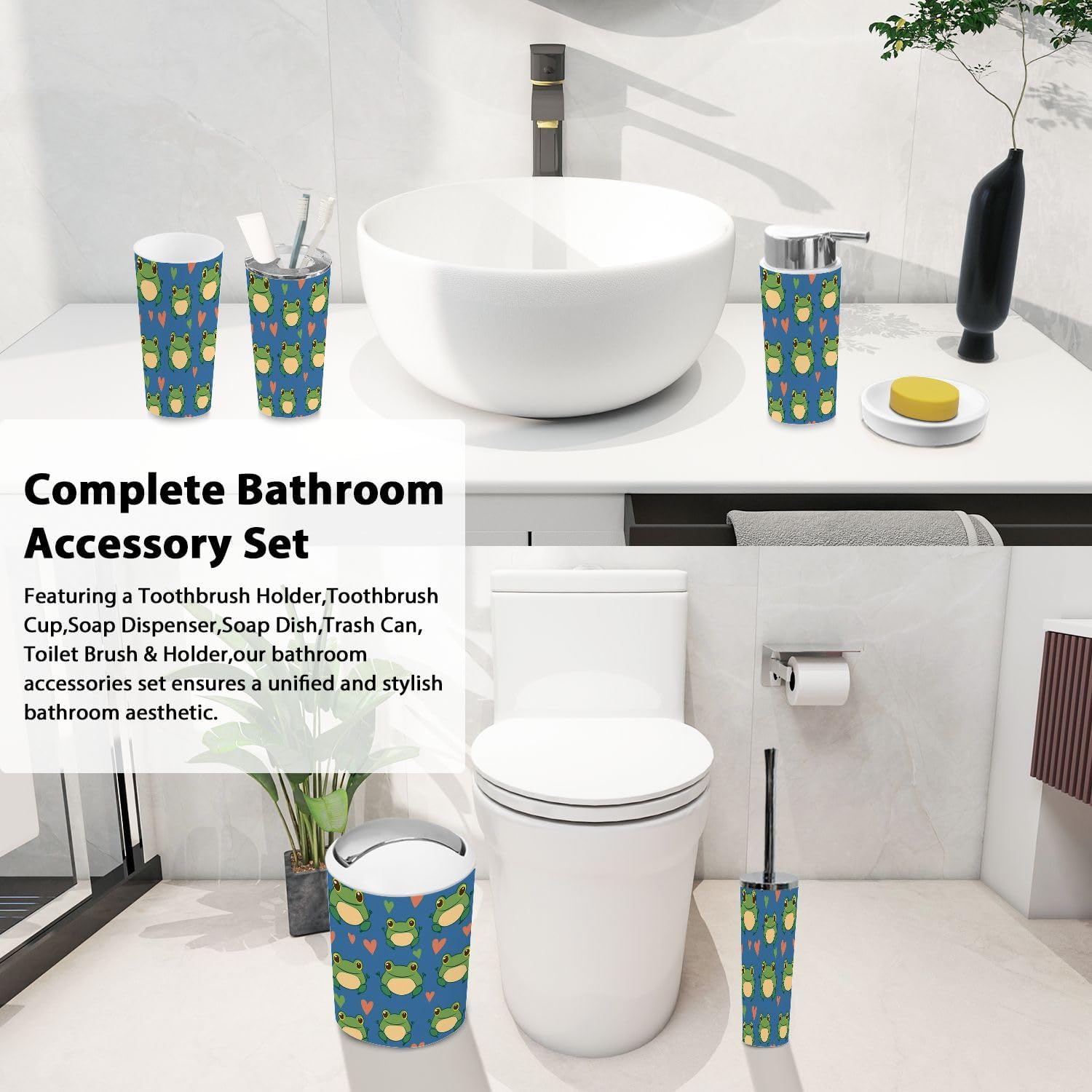 Bathroom 6-Piece Boho Cartoon Frog Accessory Set