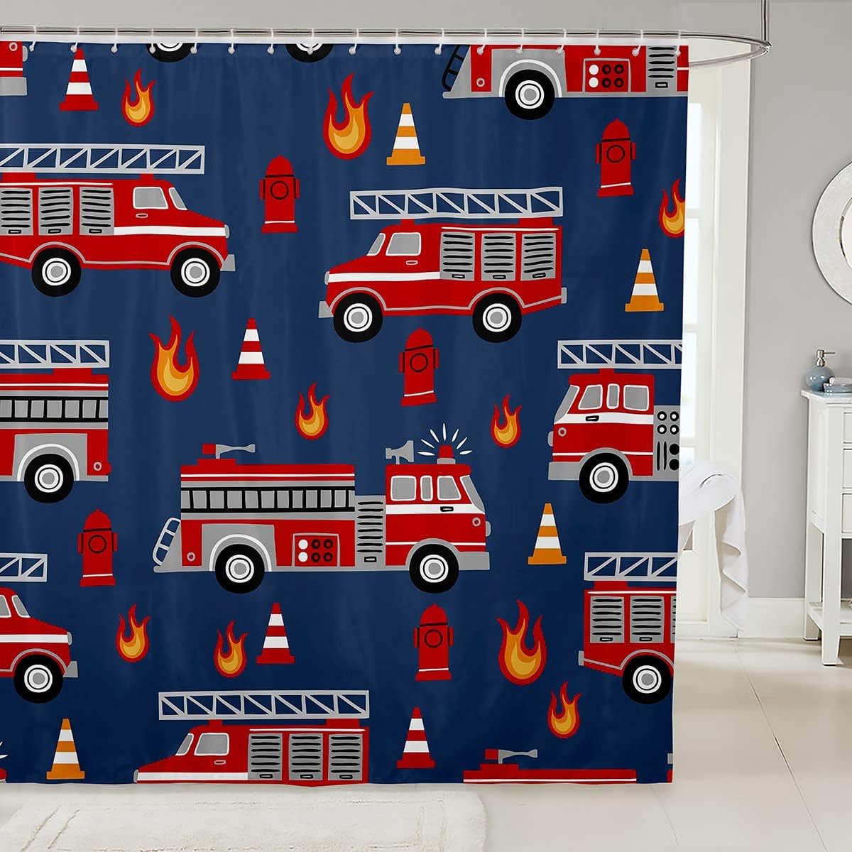 Safe Fun Cartoon Fire Truck Bath Curtain for Kids