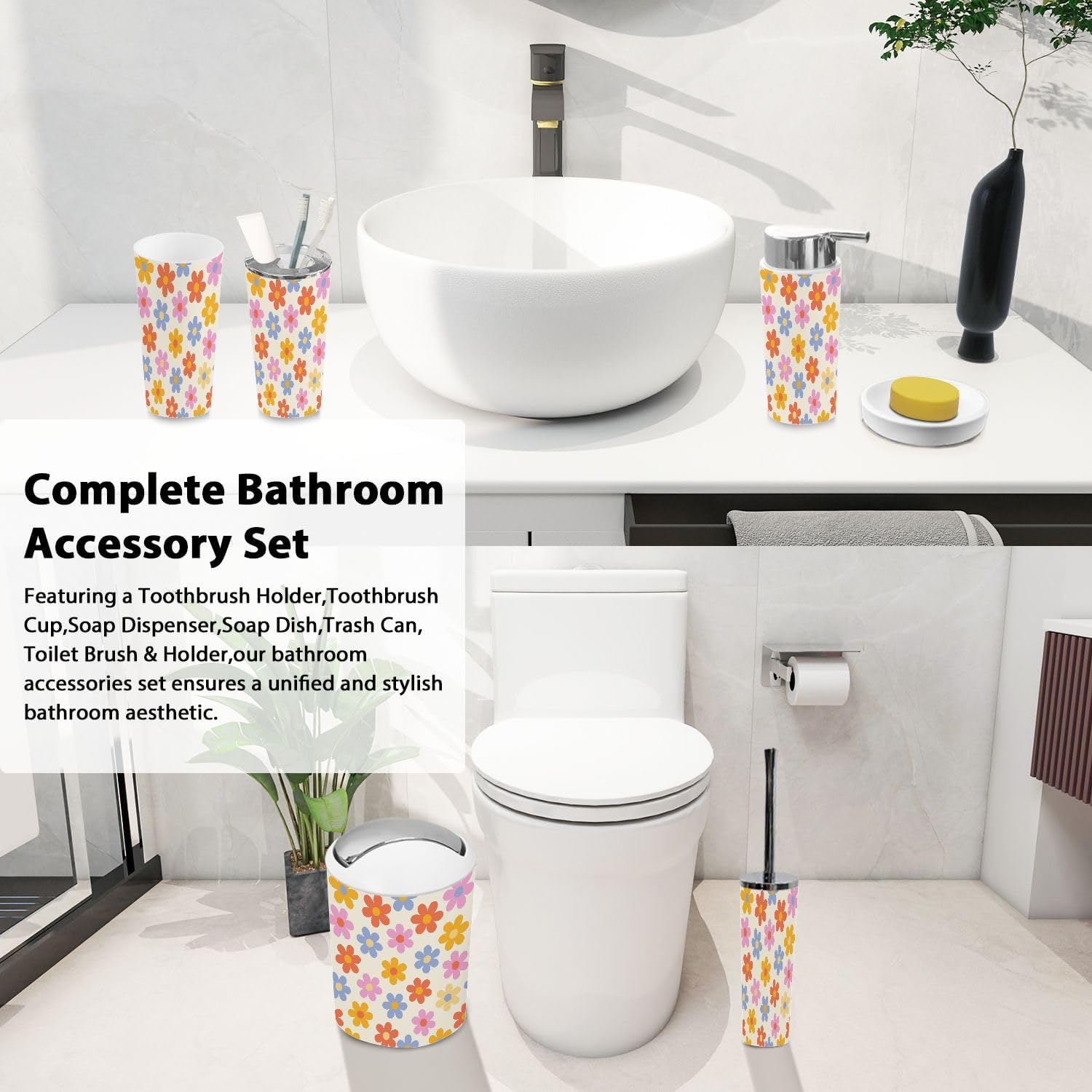 Boho Floral Bathroom Accessory Set 6 Piece
