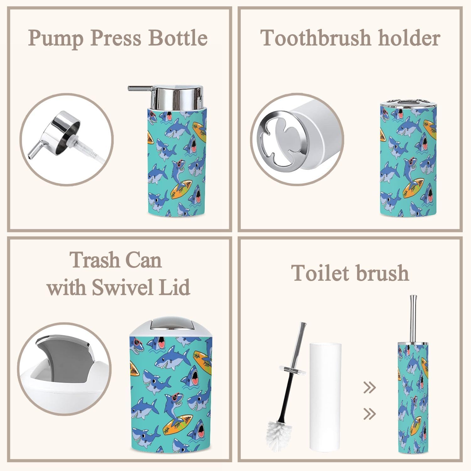 6 Piece Boho Bathroom Accessories Set with Shark Design