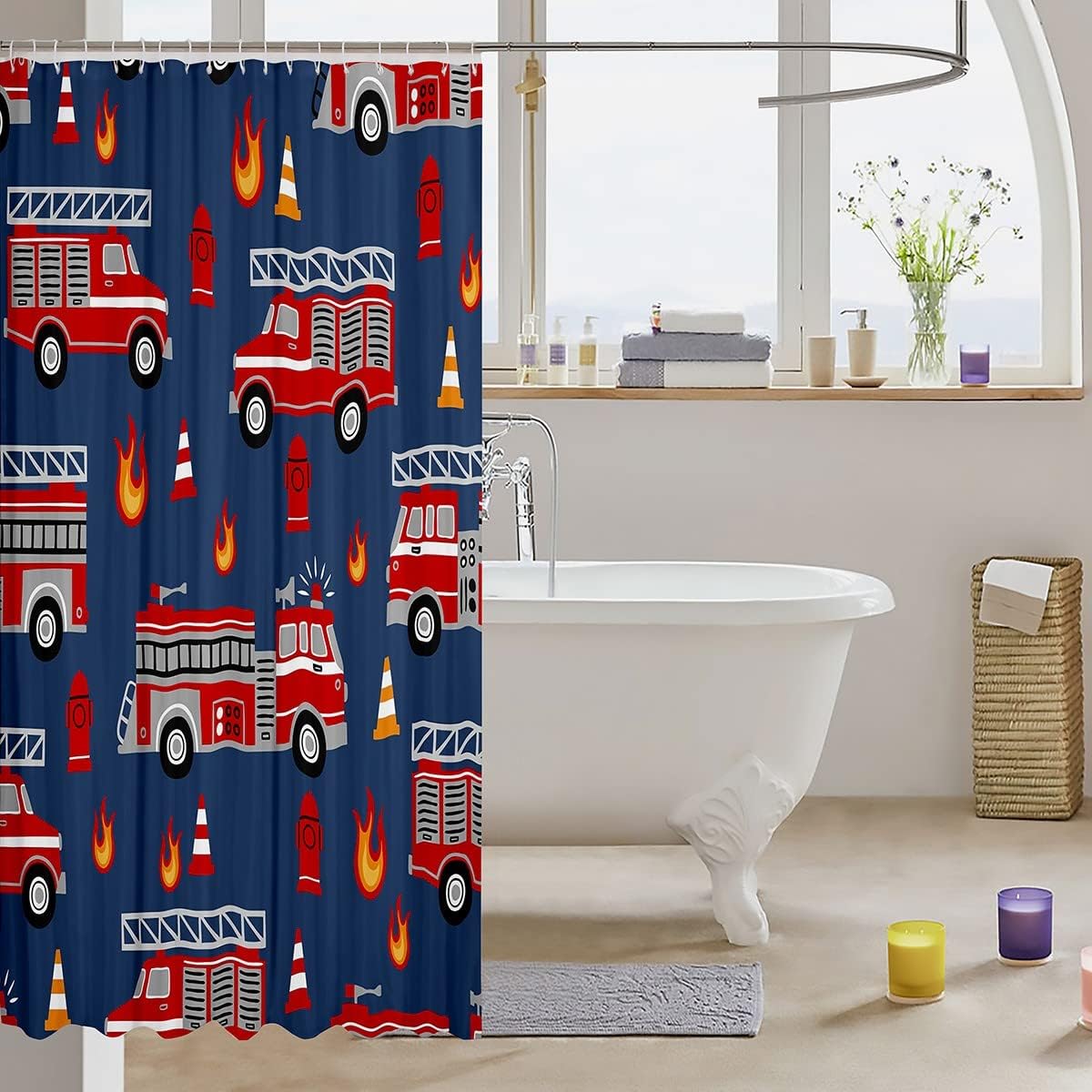 Safe Fun Cartoon Fire Truck Bath Curtain for Kids