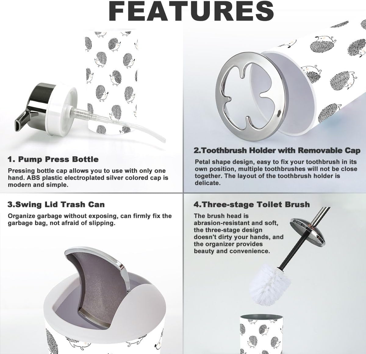Bathroom Accessories Set 6 Pcs - Cute Decor with Hedgehogs