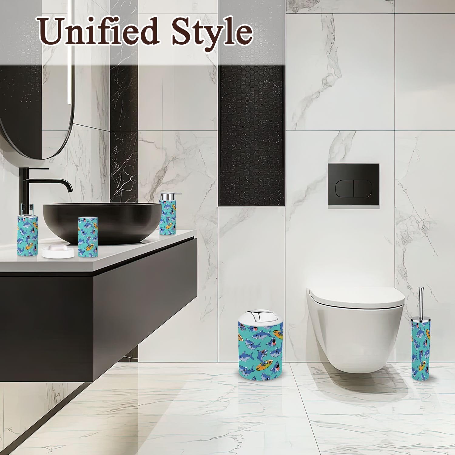 6 Piece Boho Bathroom Accessories Set with Shark Design