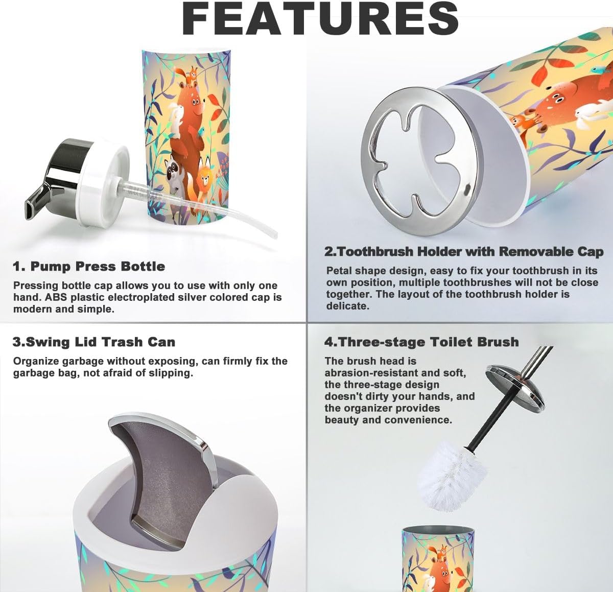 6-Piece bath accessories featuring forest animal characters