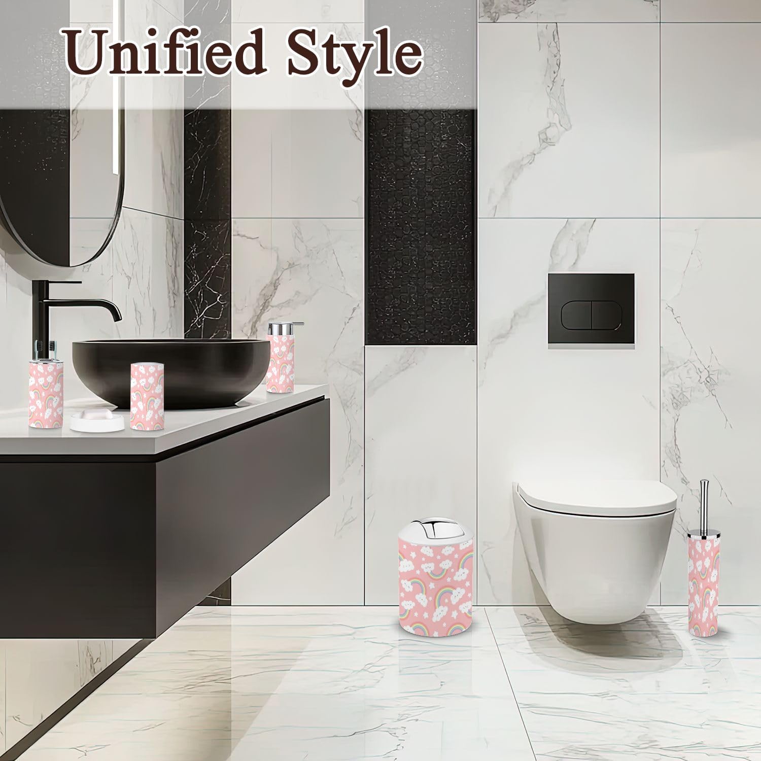 6-Piece Bathroom Set Cloud Rainbow Cartoon Pink Sky for Kids