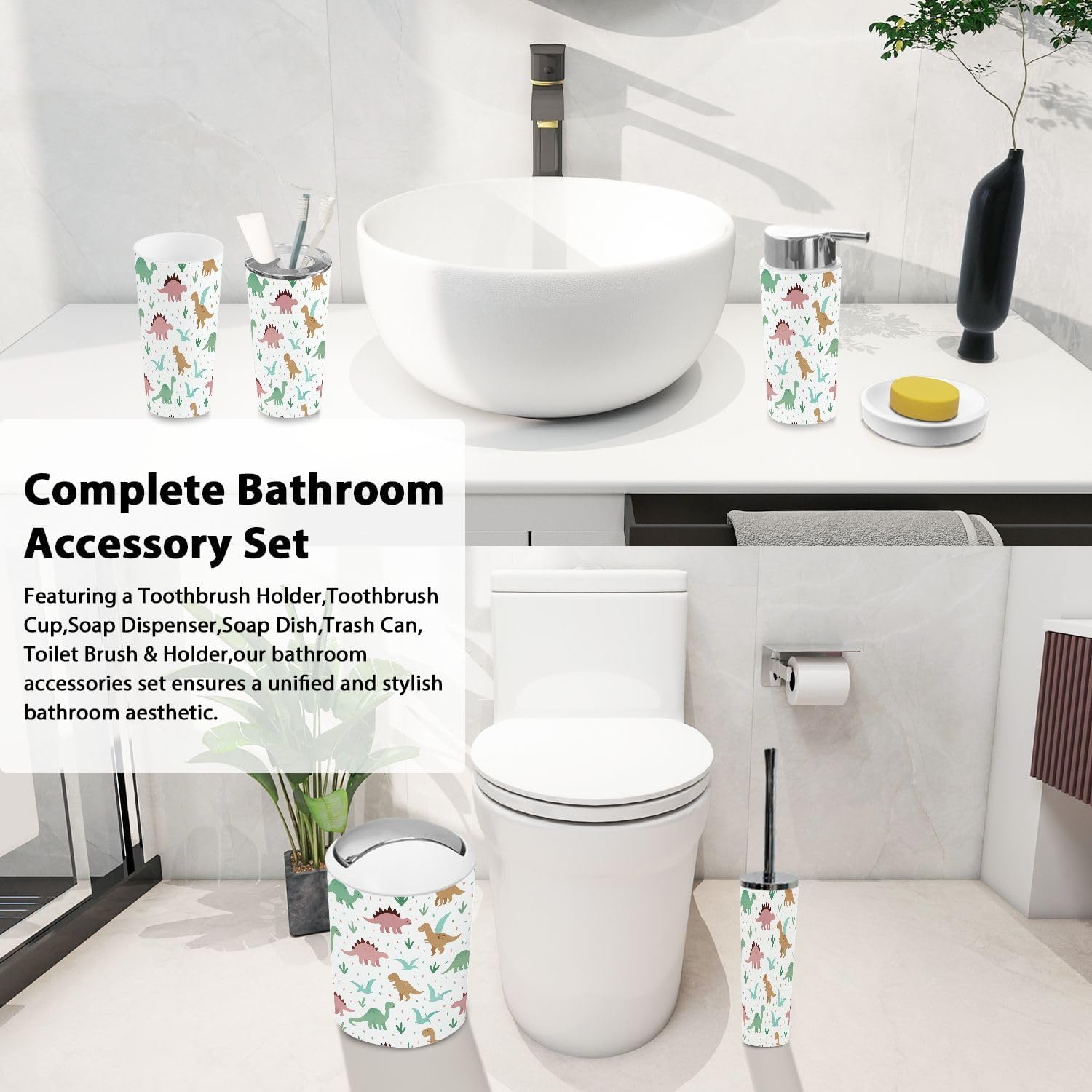 Bathroom Accessory Boho Dinosaurs Set 6 Piece