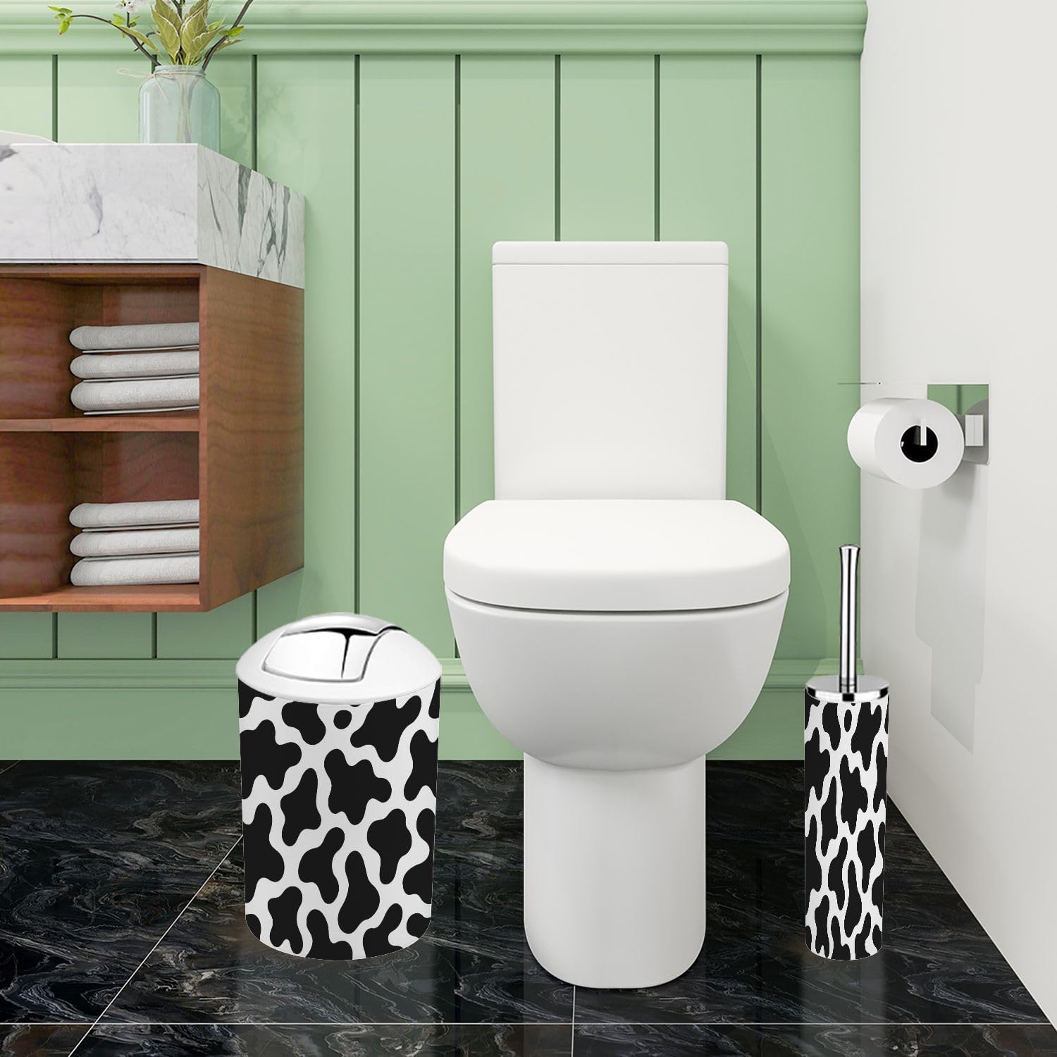 Stylish Black White Milk Cow Skin Bathroom Accessory Set
