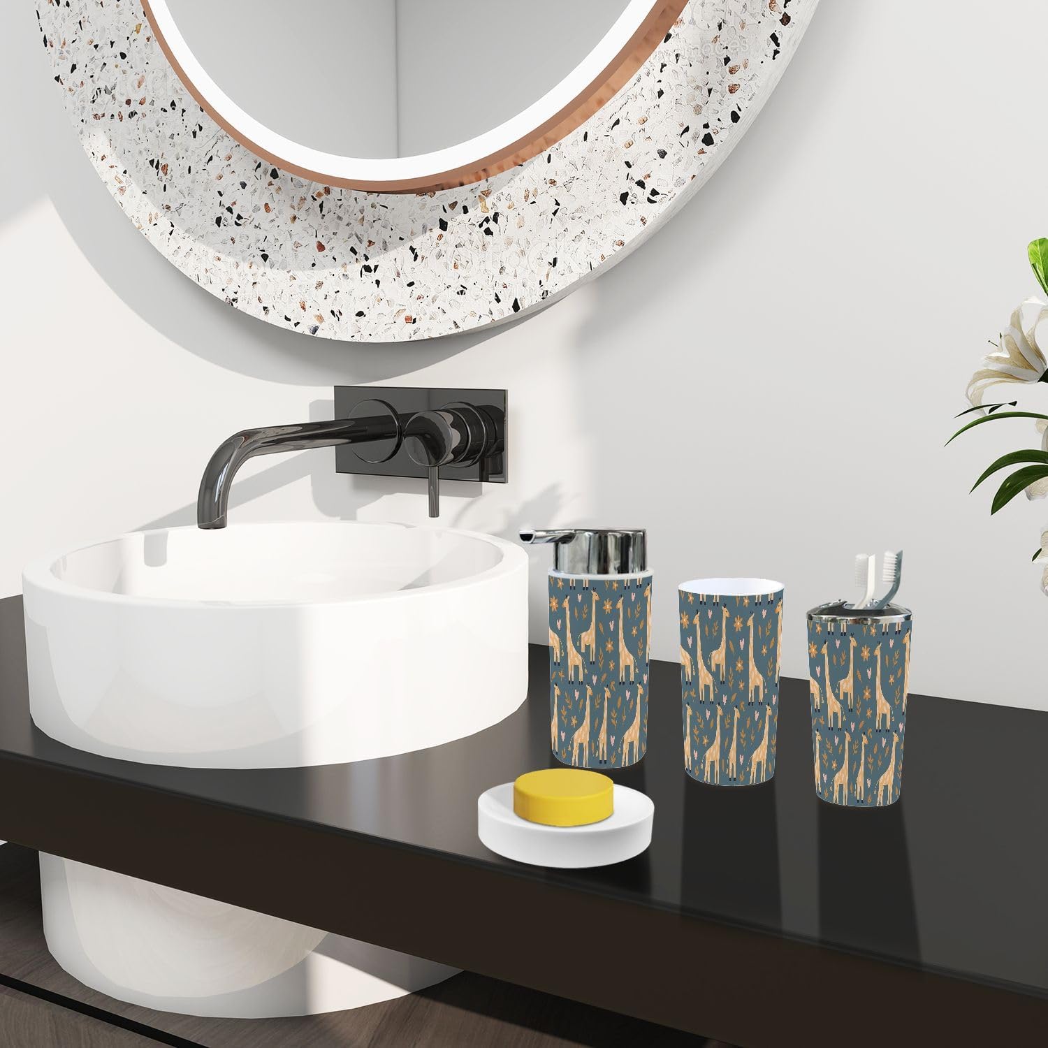 Boho Giraffe Flowers Bathroom Accessory Set 6 Piece 1