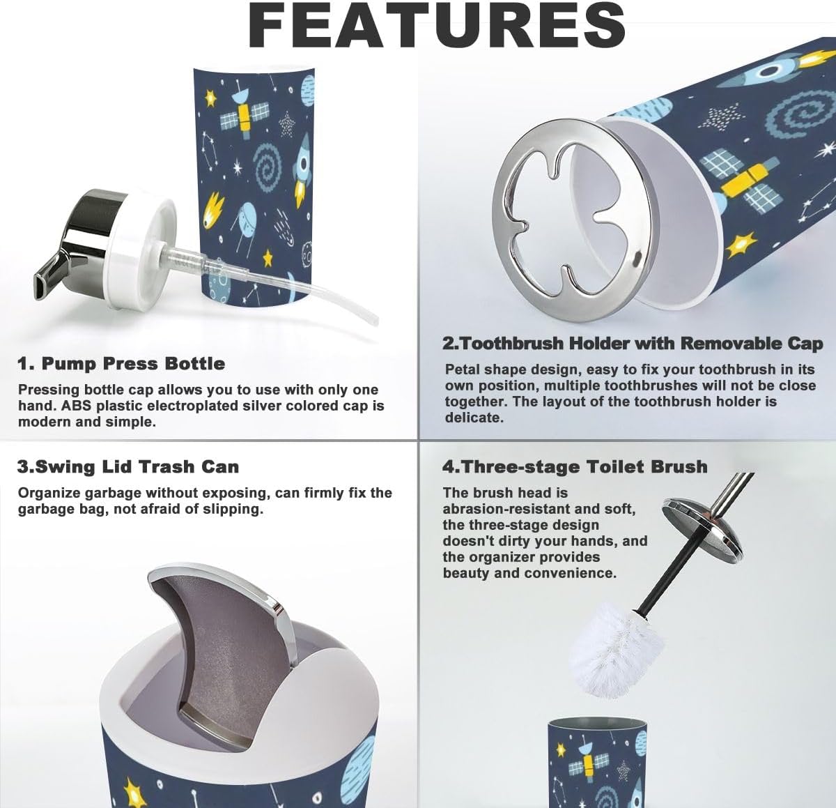 Bathroom Ends Accessory Set - 6-Piece Blue Baby Cosmic Seamless Print