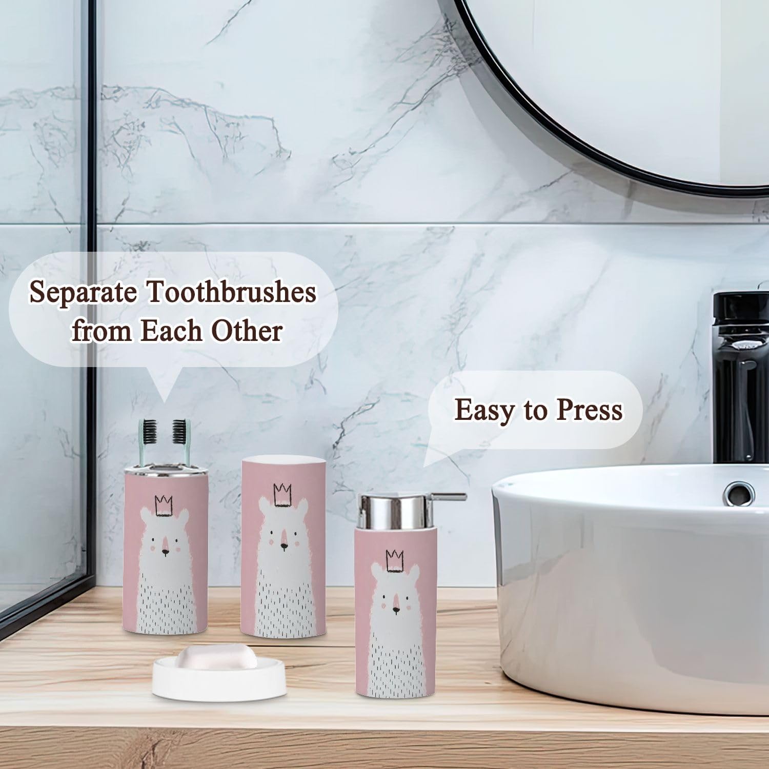6-Piece Bathroom Organizer with Cute Bear Theme -Bright -functional