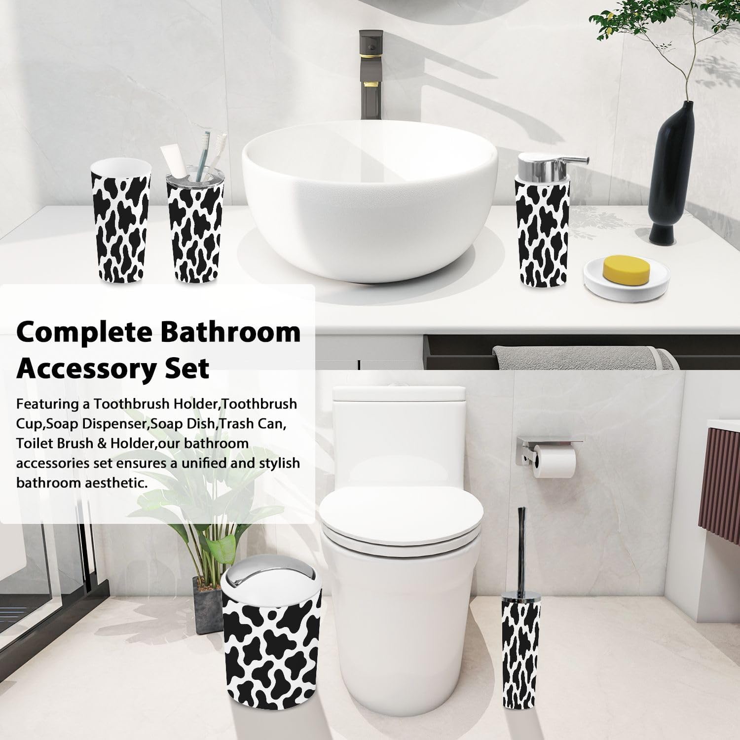 Stylish Black White Milk Cow Skin Bathroom Accessory Set