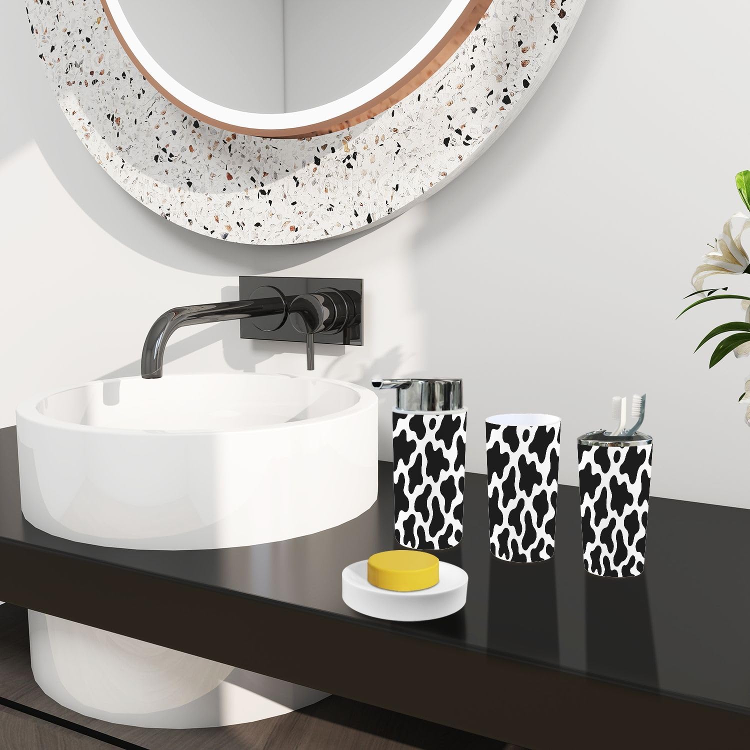 Stylish Black White Milk Cow Skin Bathroom Accessory Set
