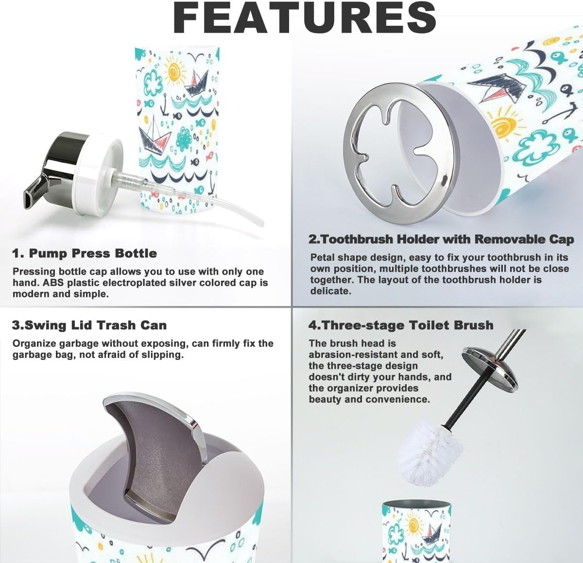 Bathroom Accessory Set 6-Piece Seamless Pattern for Kids Durable Practical