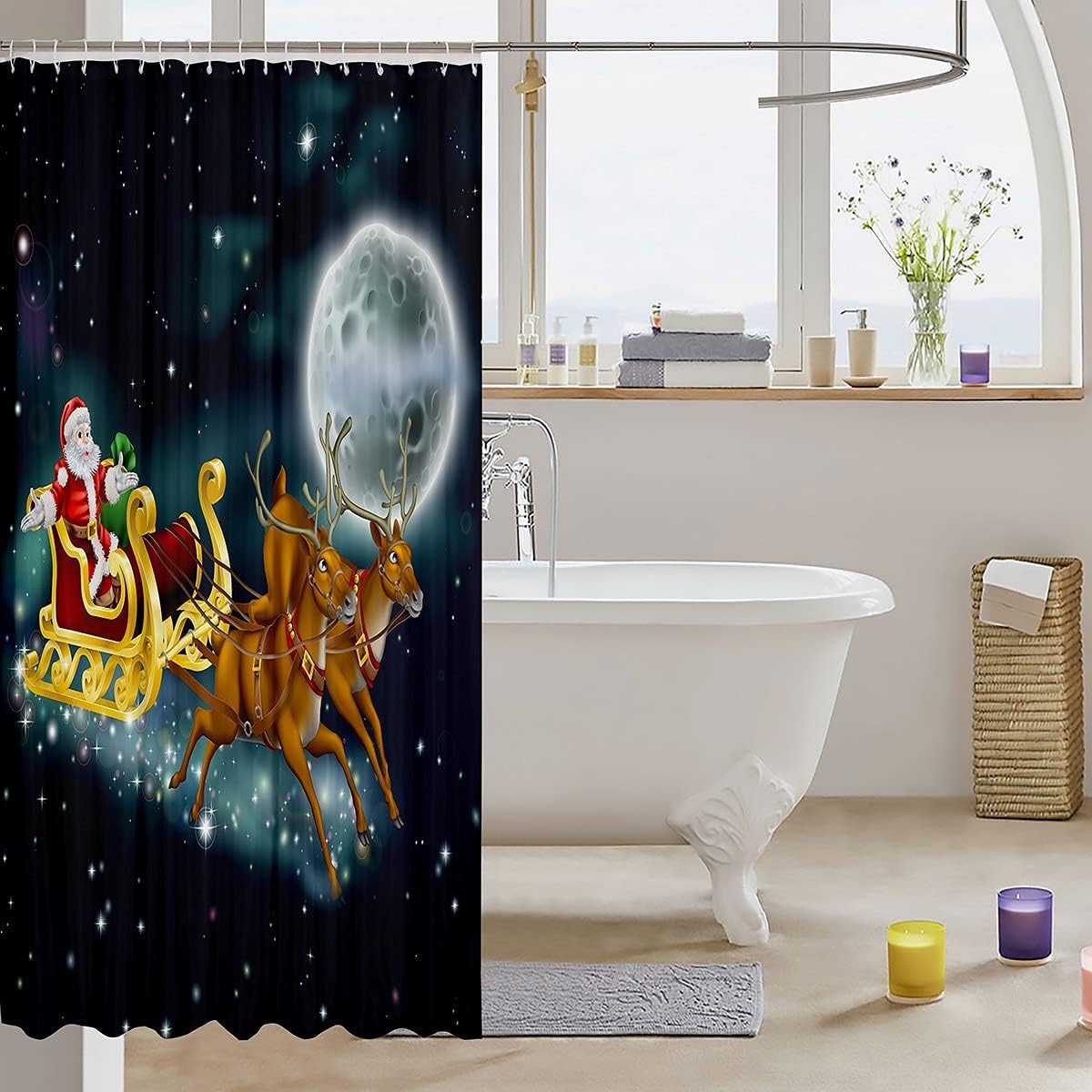 Erosebird Christmas Bath Curtain Santa Claus Design Galaxy Starry Sky Glitter