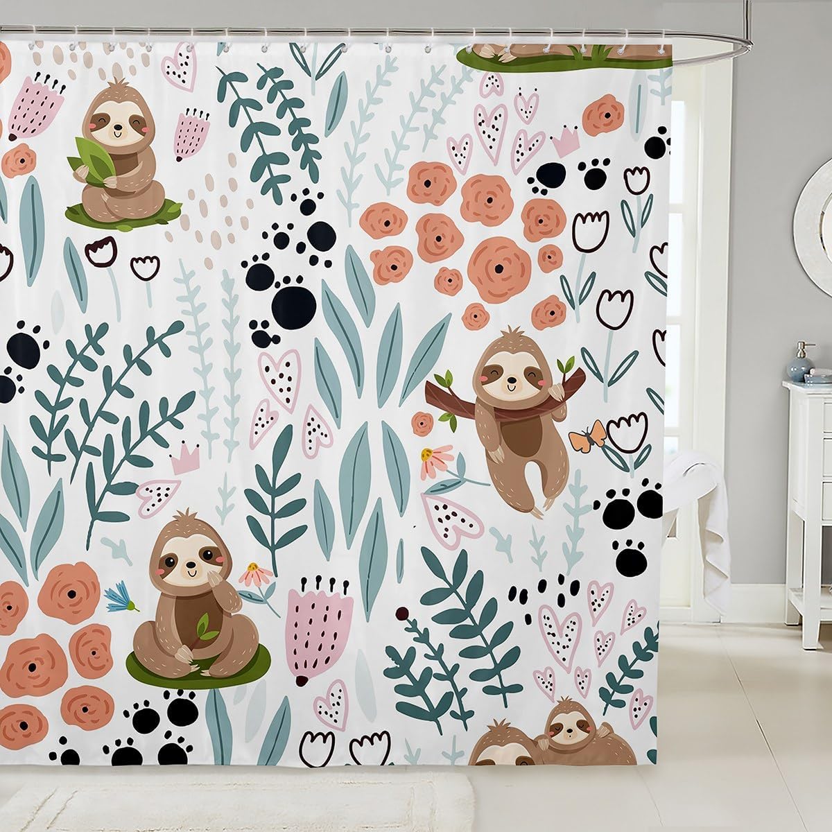 Erosebird Kawaii Sloth Shower Curtain Set for Children