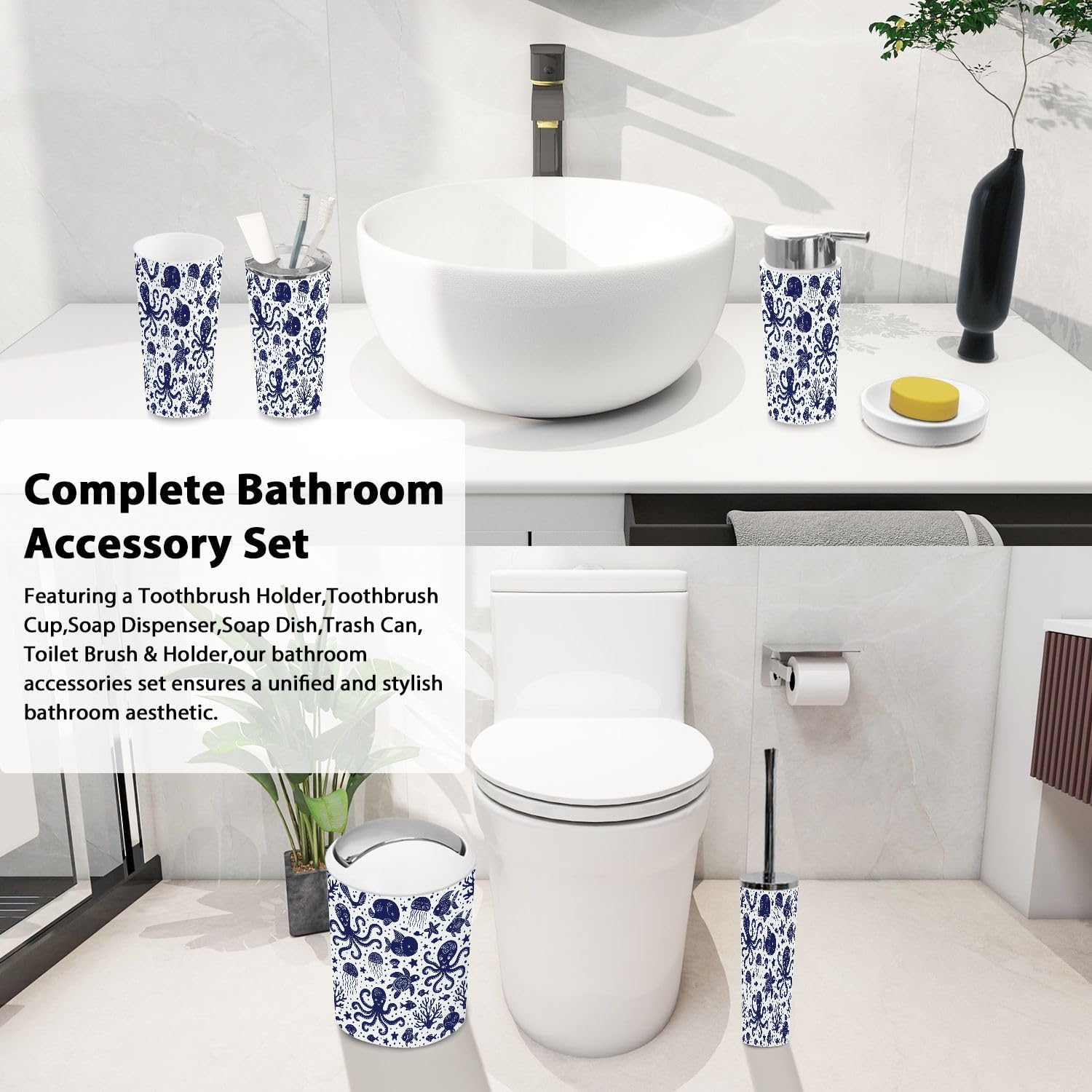 Bathroom Accessories 6-Piece Boho Underwater Animals Set